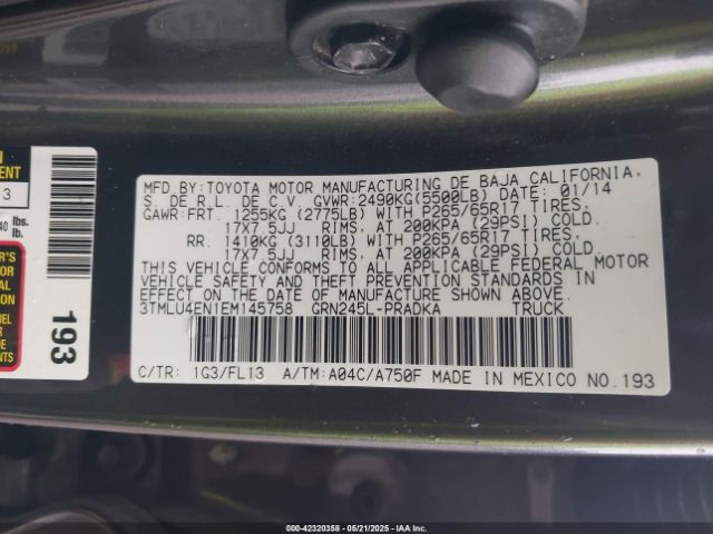 3TMLU4EN1EM145758 Toyota Tacoma Base V6