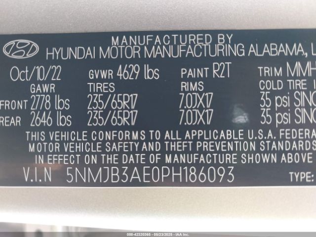 5NMJB3AE0PH186093 Hyundai TUCSON SEL