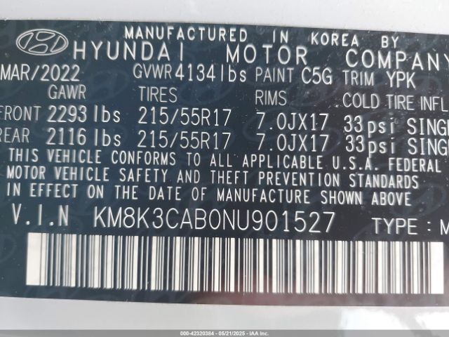 KM8K3CAB0NU901527 Hyundai Kona Sel