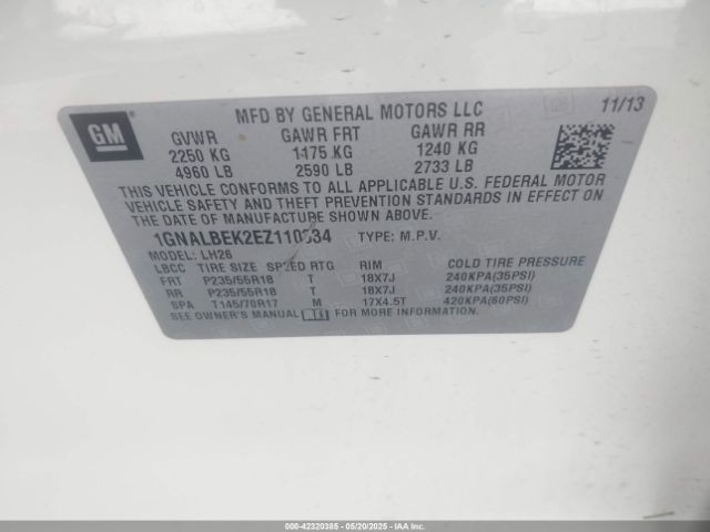 1GNALBEK2EZ110334 Chevrolet EQUINOX 1LT