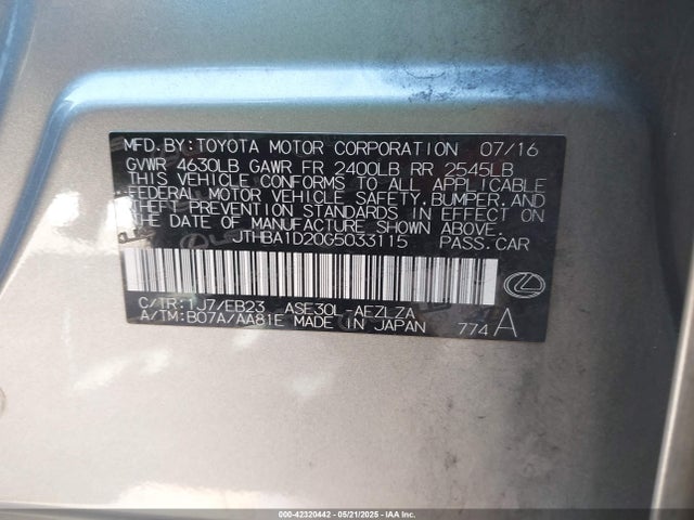 JTHBA1D20G5033115 Lexus IS 200T