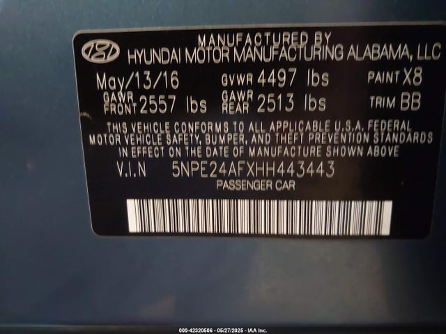 5NPE24AFXHH443443 Hyundai 2017