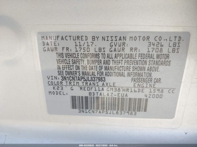 3N1CN7AP5JL837983 Nissan 2018