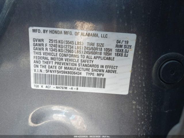 5FNYF5H59KB036434 Honda Pilot Ex-l