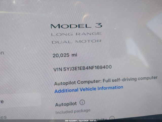 5YJ3E1EB4NF169400 Tesla Model 3 Long Range