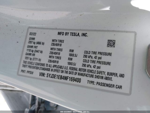 5YJ3E1EB4NF169400 Tesla Model 3 Long Range