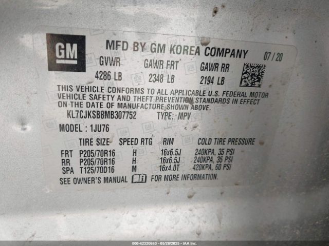 KL7CJKSB8MB307752 Chevrolet Trax Fwd Ls