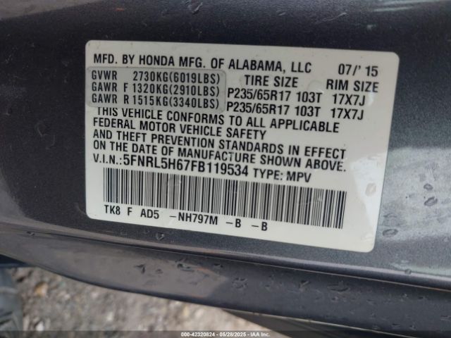 5FNRL5H67FB119534 Honda Odyssey Ex-l