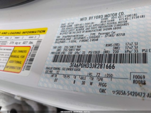 3FA6P0HD3JR281666 Ford FUSION SE