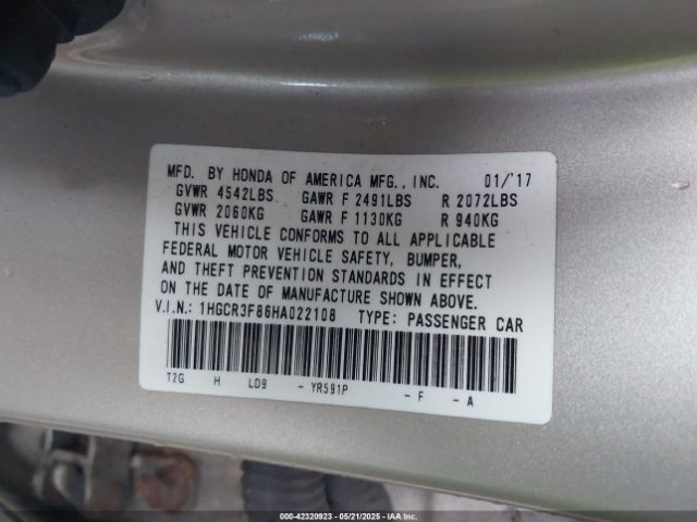 1HGCR3F86HA022108 Honda Accord Ex-l V6