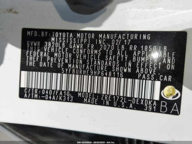 5YFBURHE9HP648116 Toyota Corolla L/le/se/se Special Edition/xle/xse