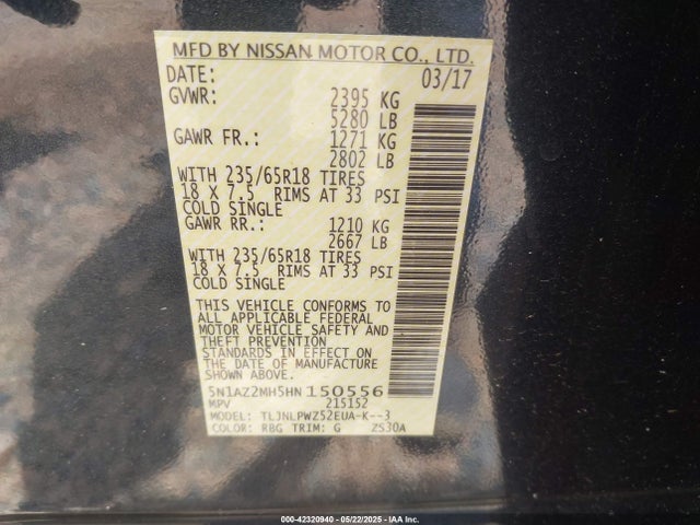 5N1AZ2MH5HN150556 Nissan MURANO S