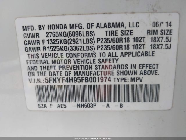 5FNYF4H95FB001974 Honda Pilot Touring