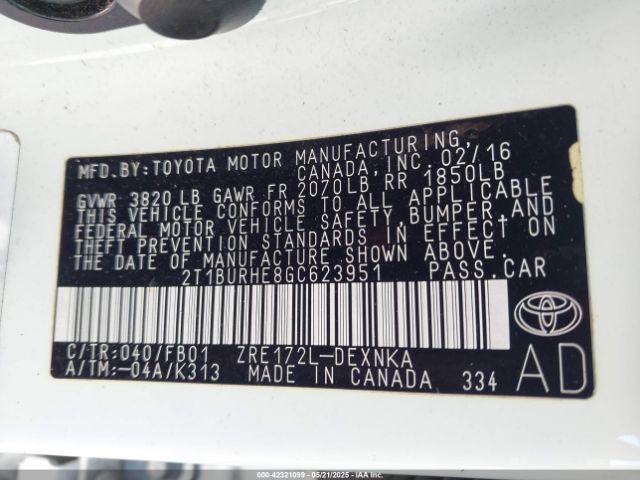 2T1BURHE8GC623951 Toyota Corolla L/le/le Plus/le Premium/s/s Plus/s Premium/s W/special Edition Pkg