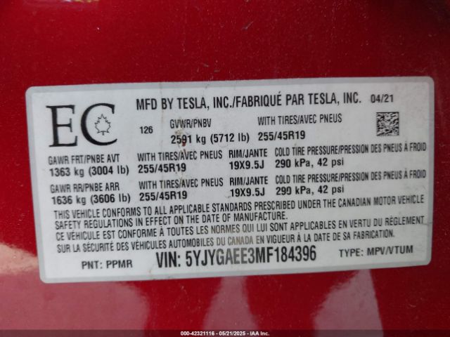 5YJYGAEE3MF184396 Tesla Model Y Long Range Dual Motor All-wheel Drive