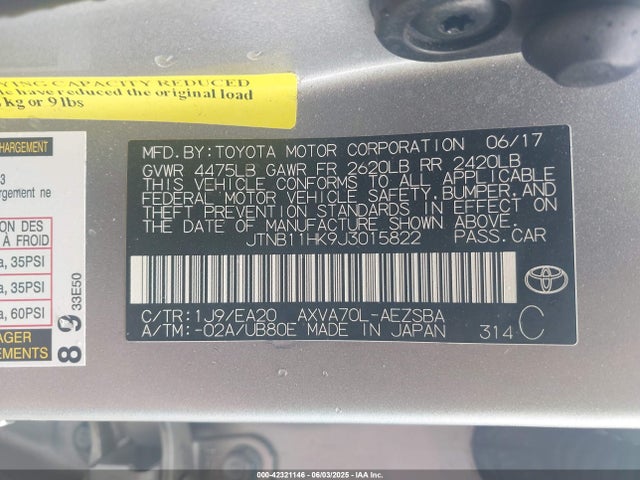 JTNB11HK9J3015822 Toyota a25a-fks