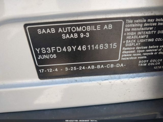 2006 SAAB 9-3 YS3FD49Y461146315 Photo 8