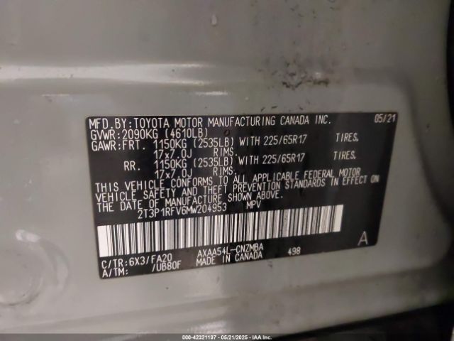 2T3P1RFV6MW204953 Toyota Rav4 Xle/xle Premium