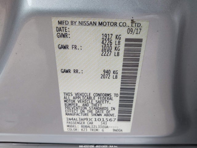 1N4AL3AP9JC101567 Nissan Altima 2.5 Sv