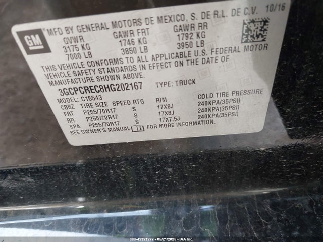 3GCPCREC8HG202167 Chevrolet l83 - sidi: spark ignited direct injection, vvt: variable valve timing, afm, e85 max, alum