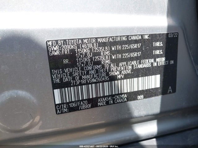 2T3P1RFV5NW260495 Toyota a25a-fks