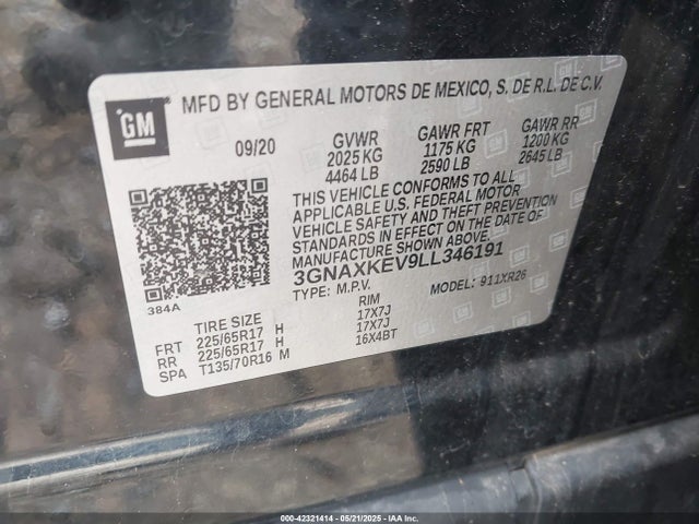 3GNAXKEV9LL346191 Chevrolet lyx - direct injection, vvt, fgt, turbo, alum, gen1