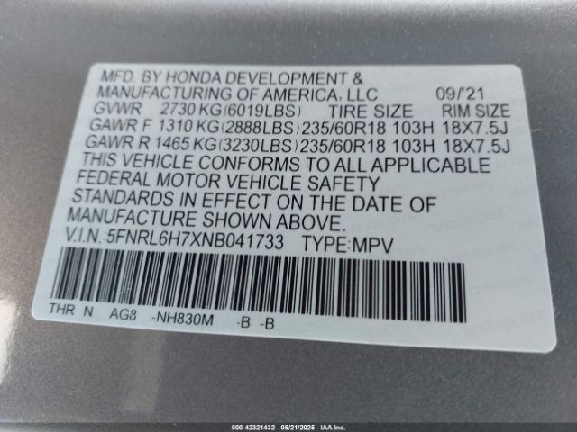 2022 HONDA ODYSSEY 5FNRL6H7XNB041733 Photo 8