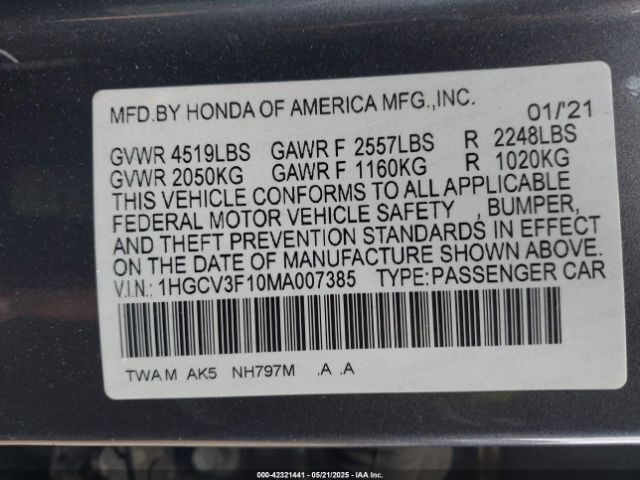 1HGCV3F10MA007385 Honda ACCORD HYBRID