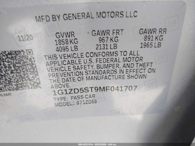 1G1ZD5ST9MF041707 Chevrolet lfv - direct injection, variable valve timing, gen 1 gmna