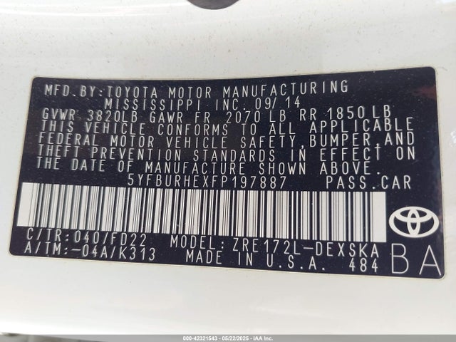5YFBURHEXFP197887 Toyota Corolla L/le/le Plus/le Premium/s/s Plus/s Premium