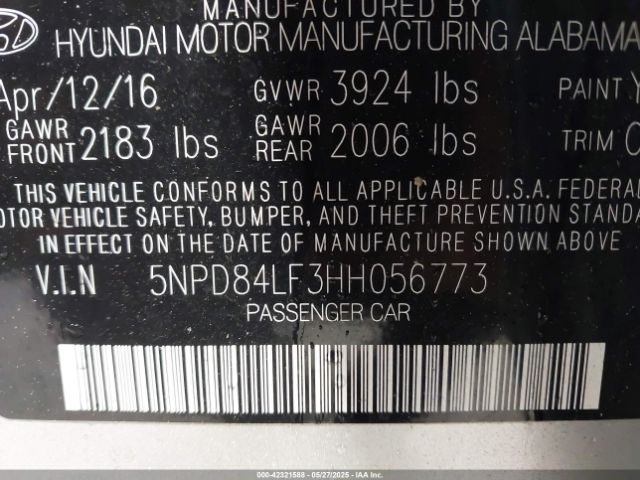 5NPD84LF3HH056773 Hyundai Elantra Limited