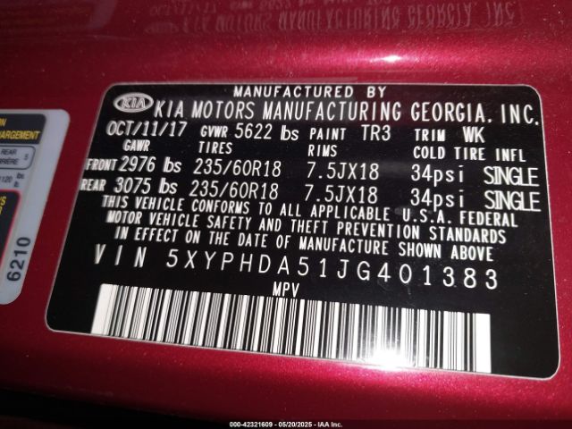 5XYPHDA51JG401383 KIA Sorento 3.3l Ex