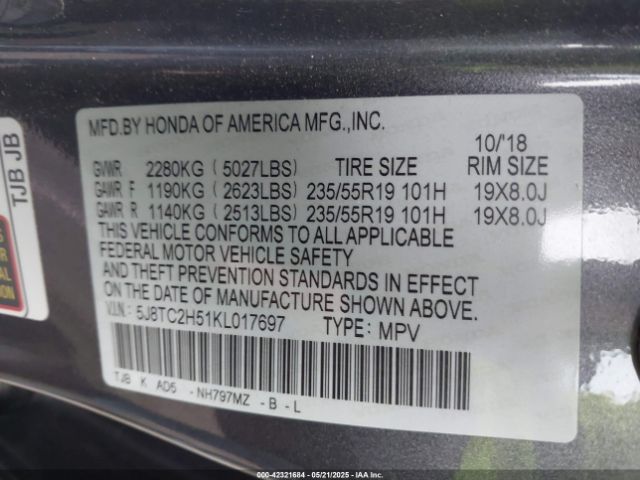 5J8TC2H51KL017697 Acura Rdx Technology Package