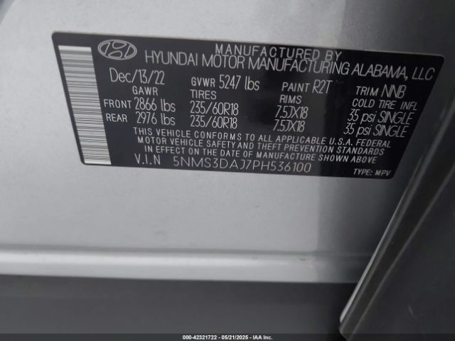 5NMS3DAJ7PH536100 Hyundai Santa Fe Sel