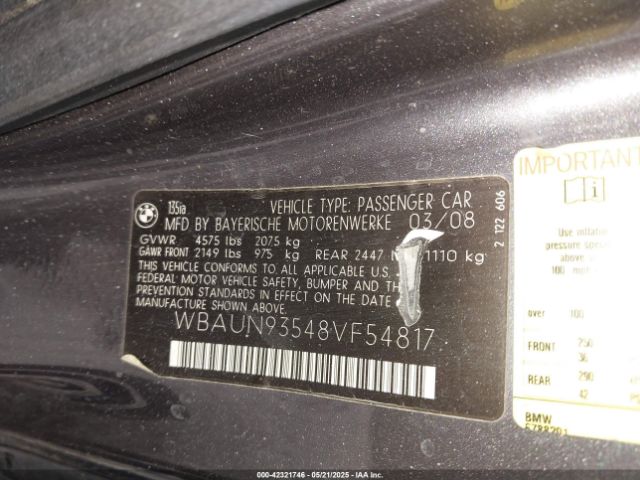2008 BMW 135I WBAUN93548VF54817 Photo 8