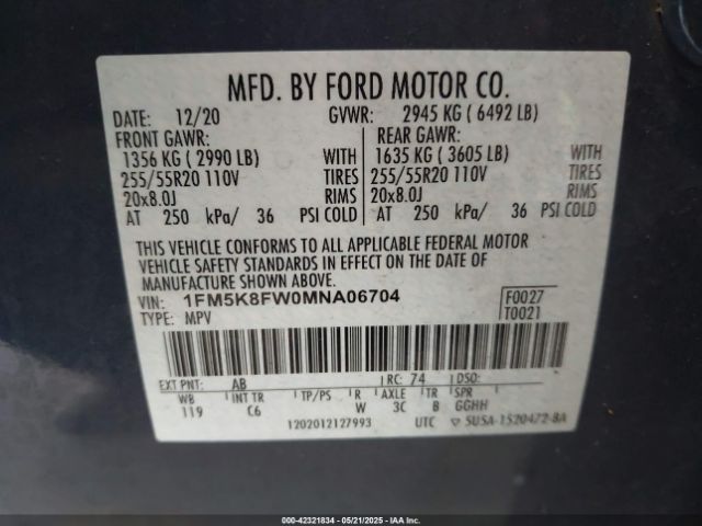 1FM5K8FW0MNA06704 Ford Explorer Limited