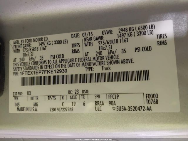 1FTEX1EP7FKE12930 Ford F-150 Xlt