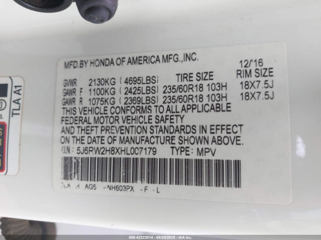 5J6RW2H8XHL007179 Honda Cr-v Ex-l/ex-l Navi