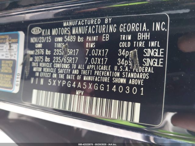 5XYPG4A5XGG140301 KIA Sorento 3.3l Lx