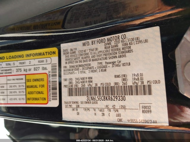 3LN6L5EC8KR629330 Lincoln 3.0l W/prem