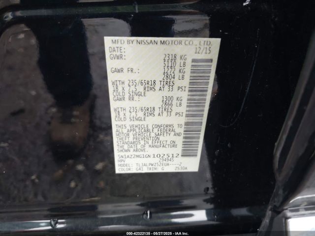 5N1AZ2MG1GN102512 Nissan Murano Platinum/s/sl/sv
