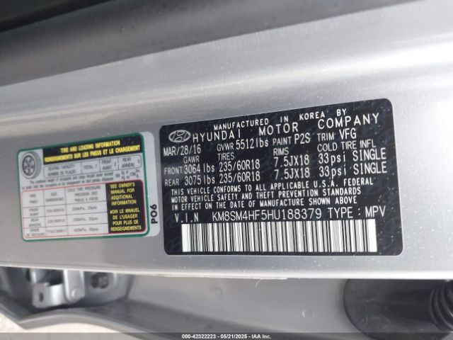 KM8SM4HF5HU188379 Hyundai Santa Fe Se