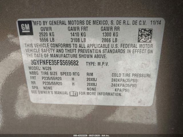 3GYFNFE35FS569682 Cadillac lfx - sidi, vvt, e85 max, alum