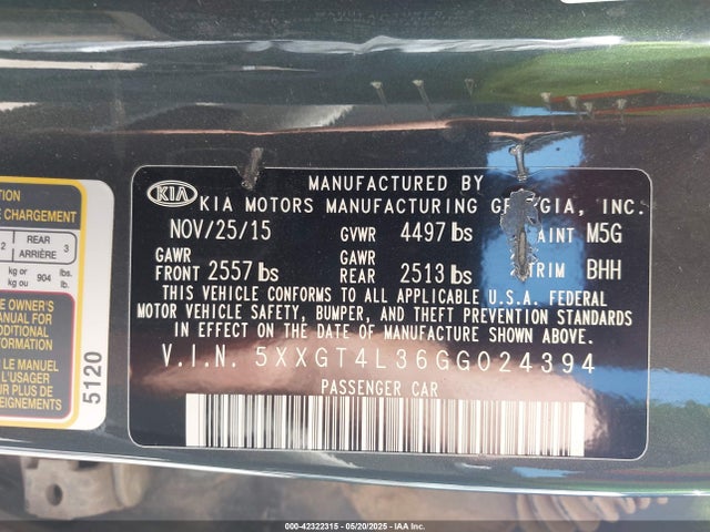 5XXGT4L36GG024394 KIA Optima Lx