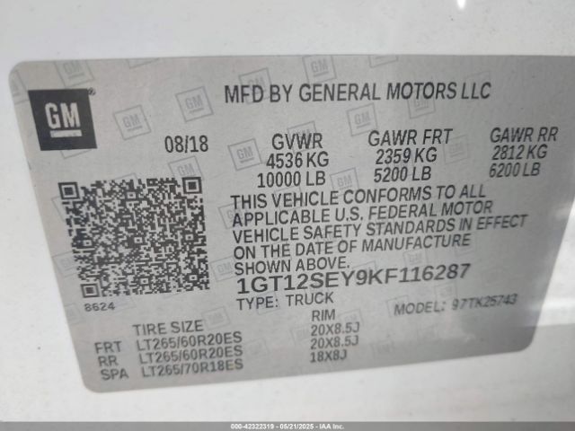 1GT12SEY9KF116287 GMC l5p - di, duramax, gen 5 var. 1