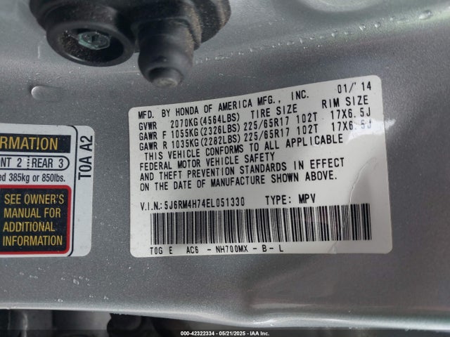5J6RM4H74EL051330 Honda Cr-v Ex-l