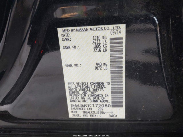 1N4AL3AP7FC172080 Nissan Altima 2.5 Sv