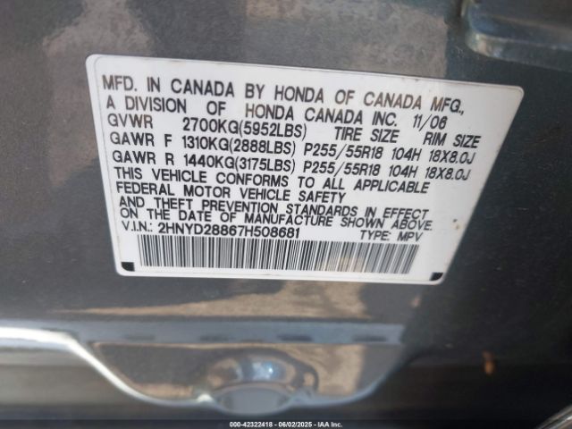 2007 ACURA MDX 2HNYD28867H508681 Photo 8