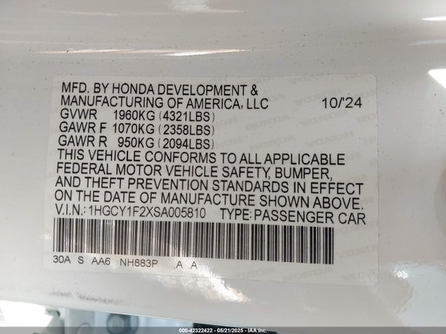 1HGCY1F2XSA005810 Honda l15be