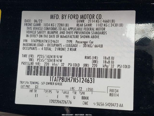1FATP8UH7N5124631 Ford Mustang Ecoboost Premium